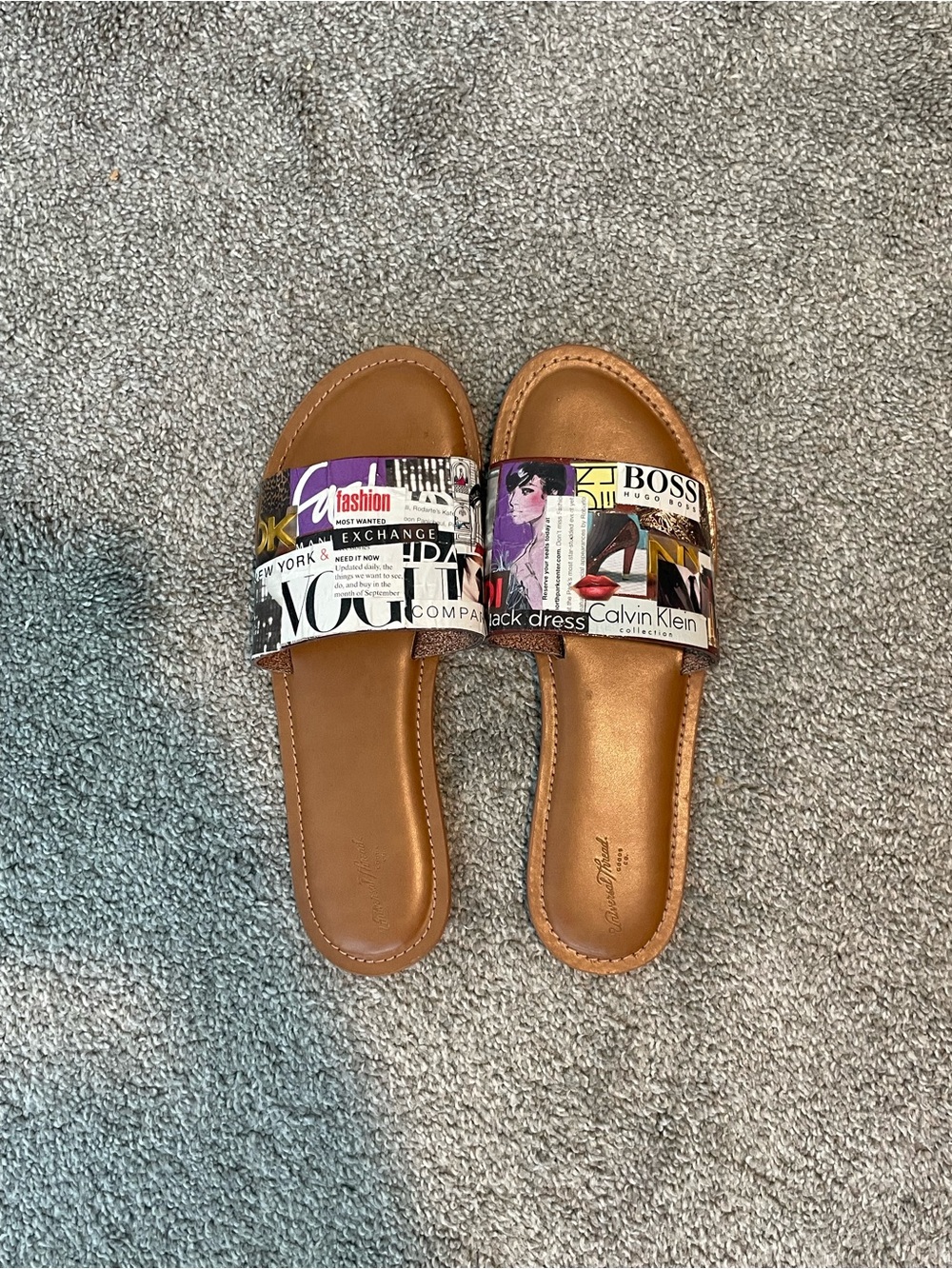 Women's Brown Slide Sandals with Magazine-Print Strap | Brown and Multicolored